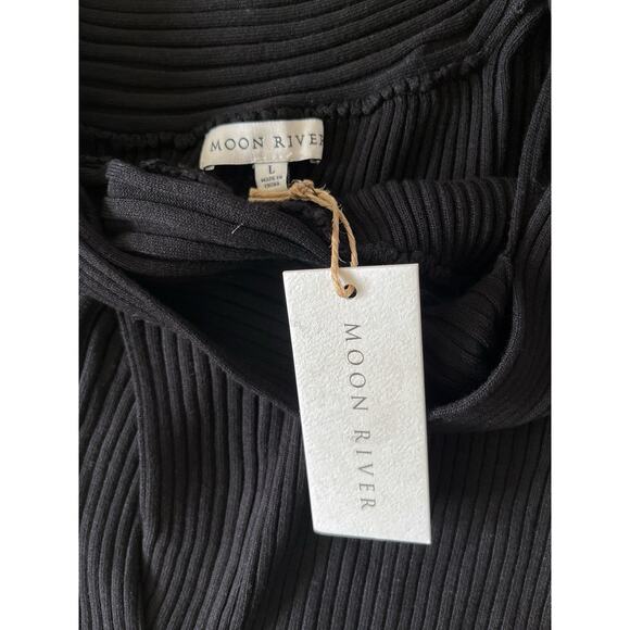 Moon River Anthropology Shoulder Cutout Sweater Dress L Black Ribbed Knit Midi - Picture 6 of 12